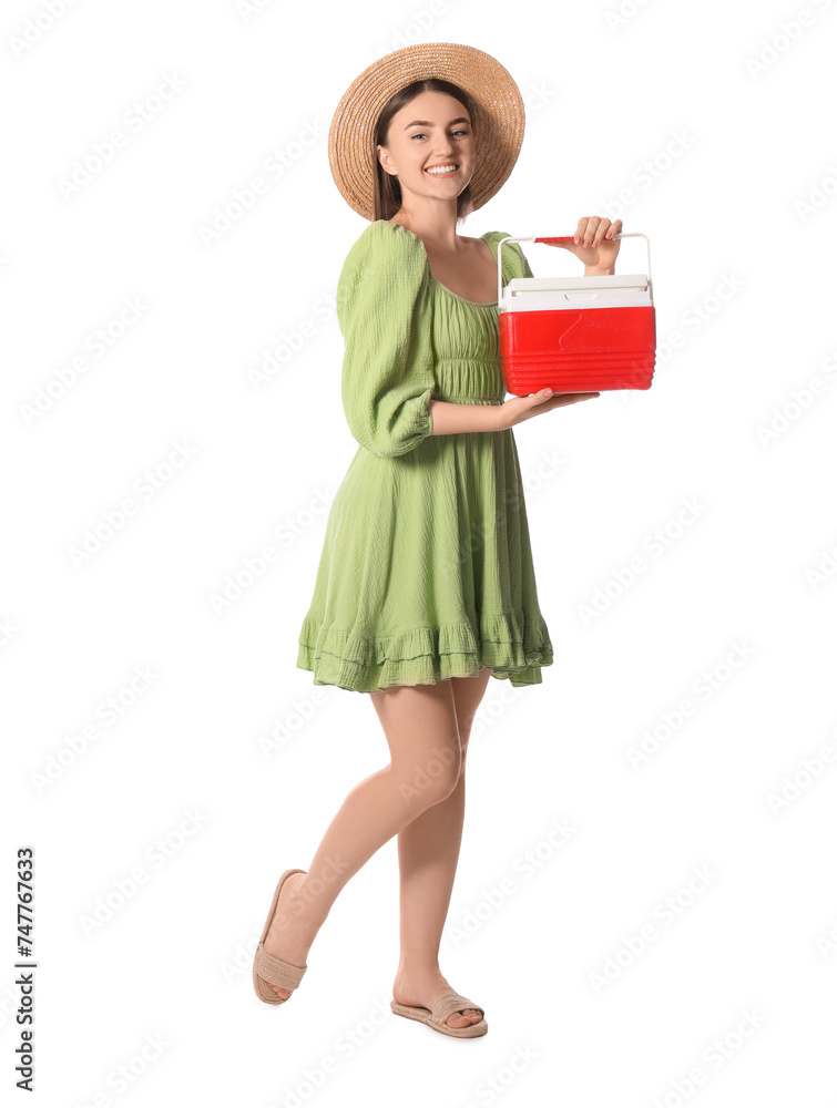 Happy young woman with plastic cool box isolated on white Happy young woman with plastic cool box isolated on white