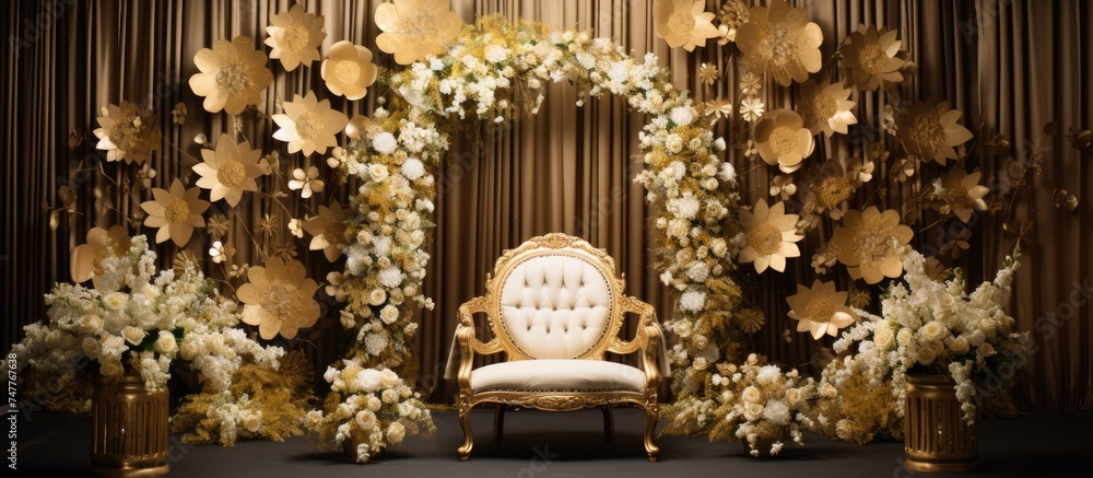 A chair sits in front of a beautifully decorated floral arch at a wedding ceremony event stage. The golden background adds a touch of elegance to the setting.
