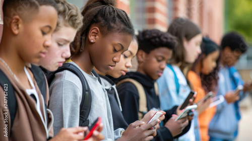 Young multiracial students is focusing on their smartphone at school addicted to social media, smart phone addiction concept photo