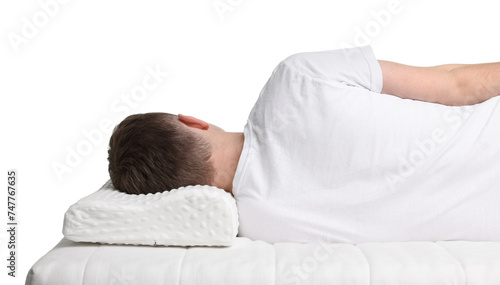 Man sleeping on orthopedic pillow against white background