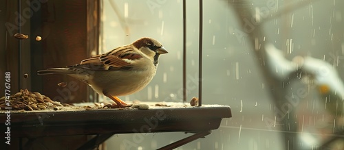 A House Sparrow is perched on top of a bird feeder, with its beak seemingly pecking at seeds. The bird feeder is filled with seeds, attracting the House Sparrow to feed. photo