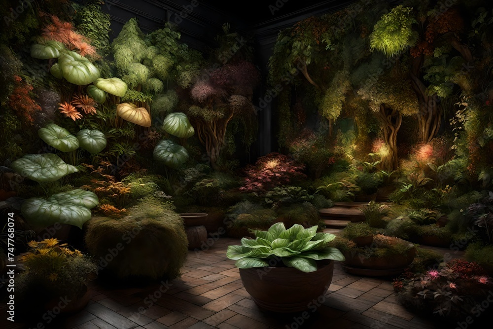 An ethereal garden setting manifests, each plant delicately captured in stunning realism. Perfect lighting reveals the enchanting allure of their leaves, flowers, and unique features.