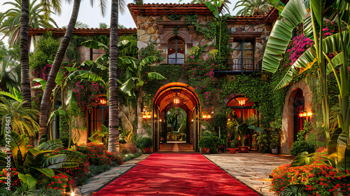 Tropical Architecture and Greenery, Summer Vacation House with Palm Trees, Travel and Luxury Living Concept
