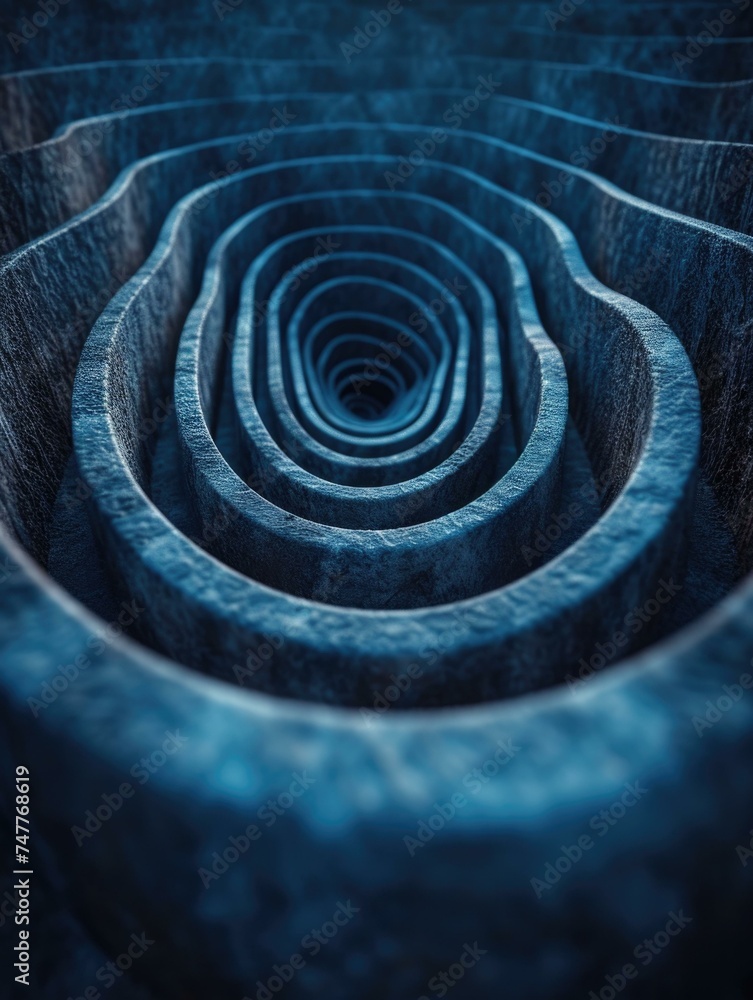 A blue spiral tunnel with a dark background. Generative AI. A blue spiral tunnel with a dark background. Generative AI.