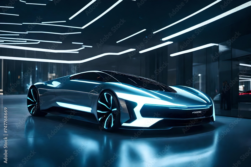 A sleek concept car parked in a futuristic showroom, its minimalist design and innovative features hinting at the cutting-edge technology and luxury awaiting future drivers.
