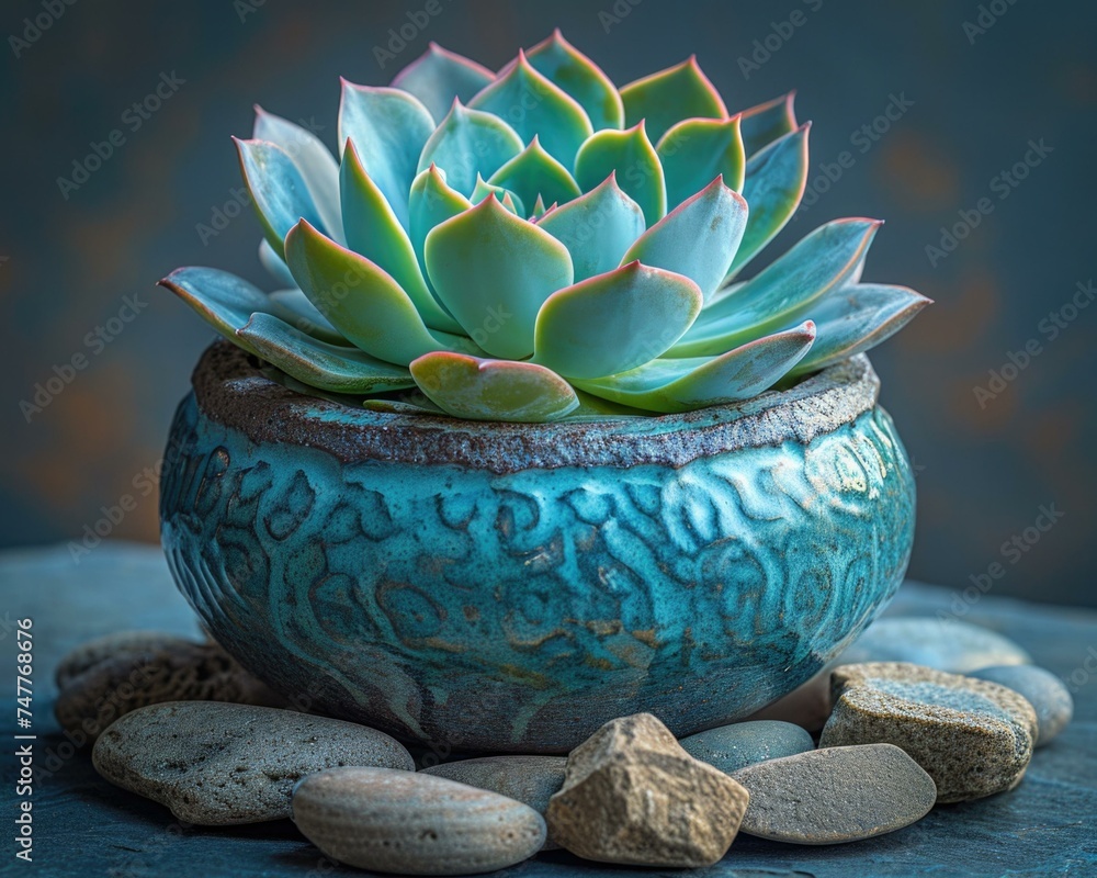 A small plant in a blue pot. Generative AI. A small plant in a blue pot. Generative AI.