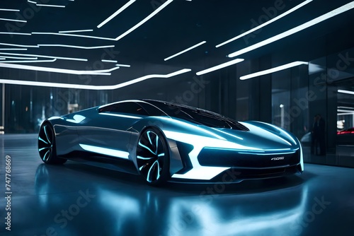 Obraz na płótnie A sleek concept car parked in a futuristic showroom, its minimalist design and innovative features hinting at the cutting-edge technology and luxury awaiting future drivers. w salonie
