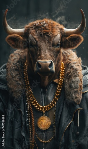 A bull wearing a jacket and chain. Generative AI.
