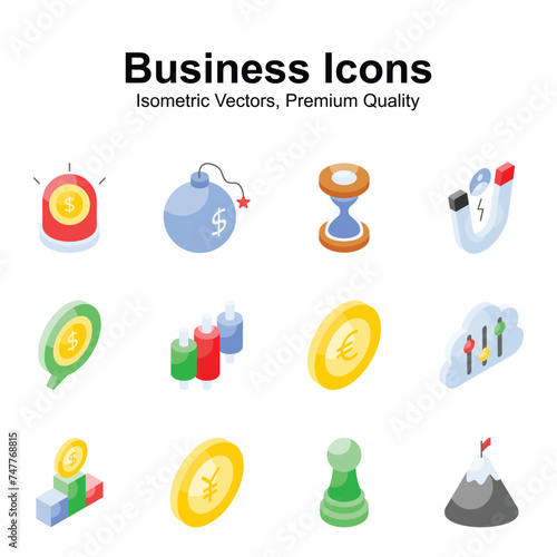 Grab this beautifully designed business and finance isometric icons set in modern style
