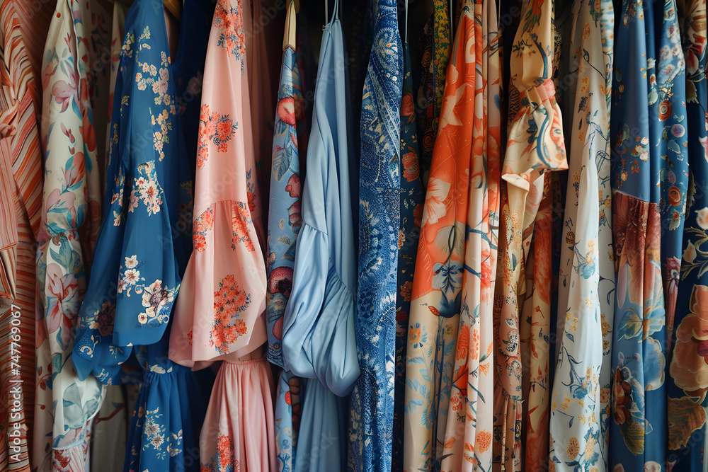 Close up of colorful vintage clothing on a rack