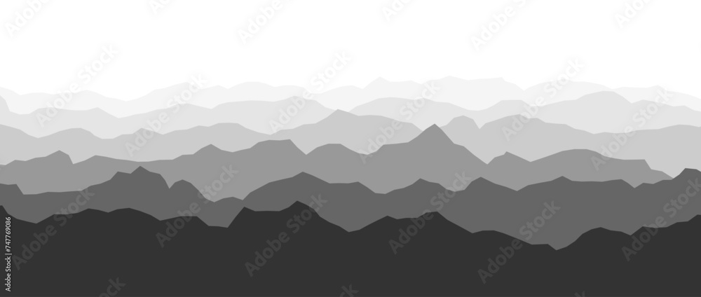 Black and white mountain range silhouettes. Gray panoramic landscape view. Mountain ridges and hills background. Grey shade mount peaks with mist and fog. Vector scenery terrain illustration