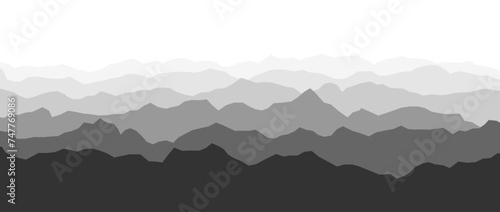 Black and white mountain range silhouettes. Gray panoramic landscape view. Mountain ridges and hills background. Grey shade mount peaks with mist and fog. Vector scenery terrain illustration