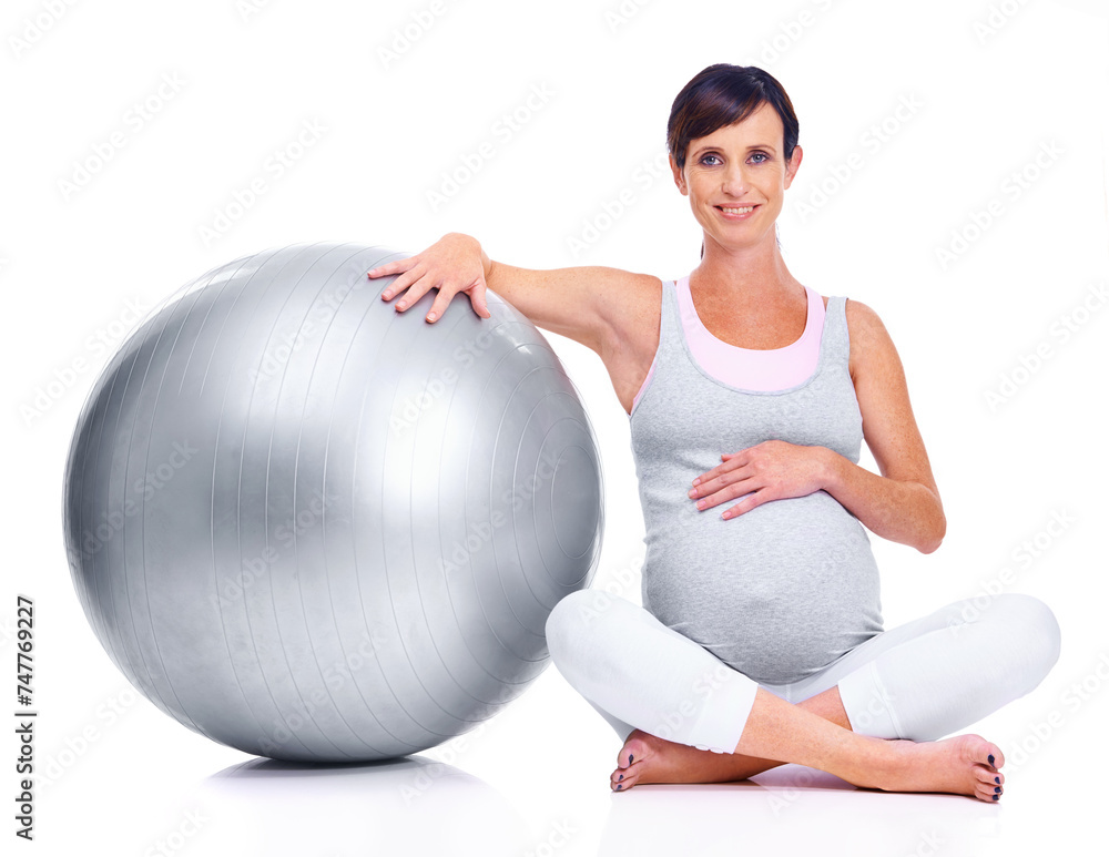 Pregnant female person, ball and studio for pilates, wellness and exercise for motherhood. Maternal woman, workout and white background for health, fitness and pregnancy to keep in shape and balance Pregnant female person, ball and studio for pilates, wellness and exercise for motherhood. Maternal woman, workout and white background for health, fitness and pregnancy to keep in shape and balance