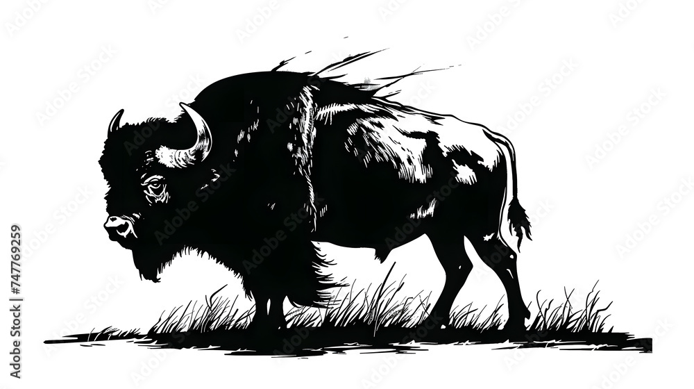 A Bison Silhouette On Isolated White Background, Generative Ai - obrazy, fototapety, plakaty 