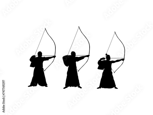 Archer and bow. Kyudo archery silhouette. Silhouette Japanese kyudo archer. Good use for symbols, logos, mascots, icons, signs, webs, or any design you want.