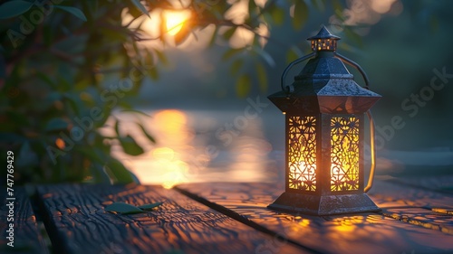 Ornate metal lantern glowing with warm light amidst twilight hues