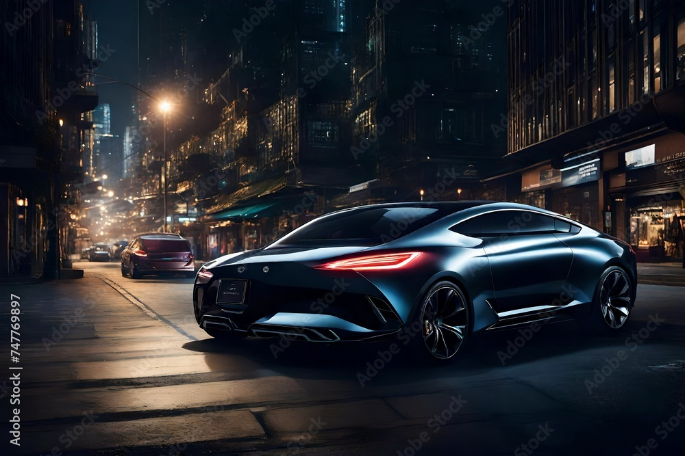 A sleek sports coupe navigating through a bustling cityscape at night, its LED headlights illuminating the urban streetscape as it effortlessly weaves through traffic.