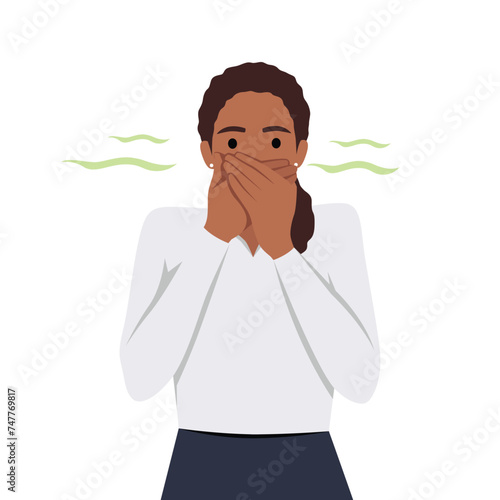 Young teenager girl pinching her nose bad stinking bad smell. Flat vector illustration isolated on white background