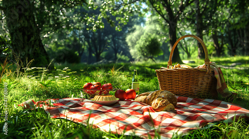 Sunny Picnic in the Park, Wicker Basket with Food and Drinks on Green Grass, Relaxation and Leisure in Nature, Summer and Spring Outdoors