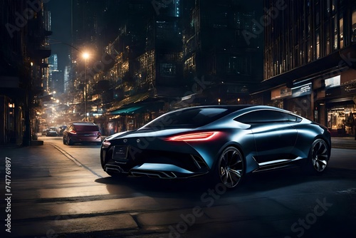 A sleek sports coupe navigating through a bustling cityscape at night, its LED headlights illuminating the urban streetscape as it effortlessly weaves through traffic.