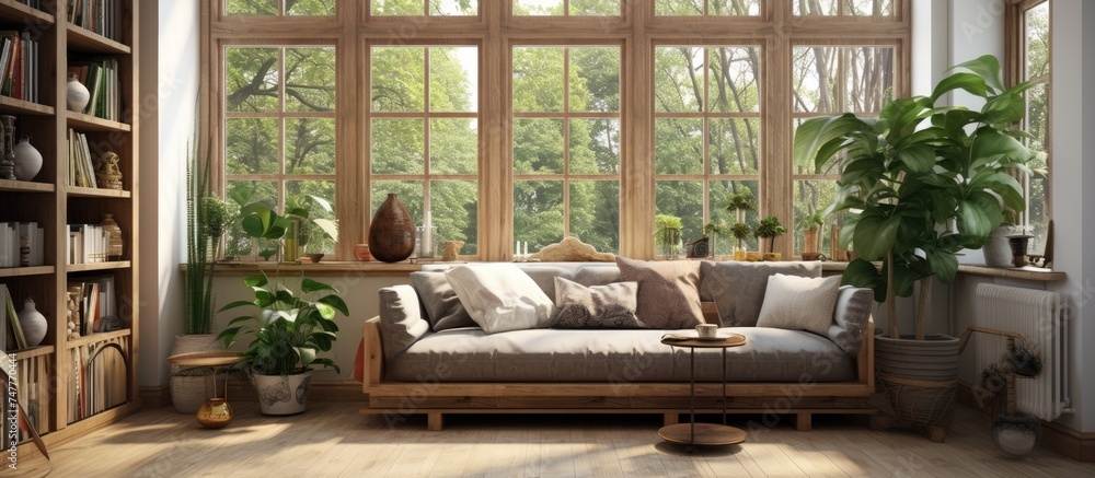 The living room is generously filled with various pieces of furniture, including sofas, chairs, tables, and shelves. Multiple large windows provide ample natural light, illuminating the rooms interior