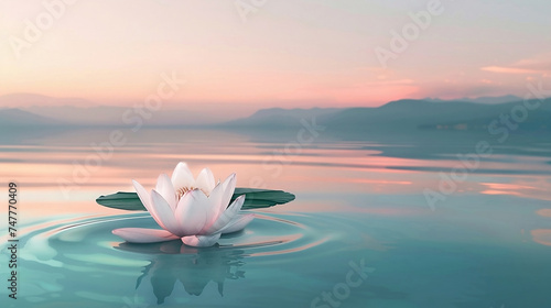Ein ruhiges Seeufer, Morgendämmerung, sanfte Pastellfarben am Himmel, die sich auf dem ruhigen Wasser spiegeln, eine einzelne Lotusblume im Vordergrund, subtile Wellen im Wasser