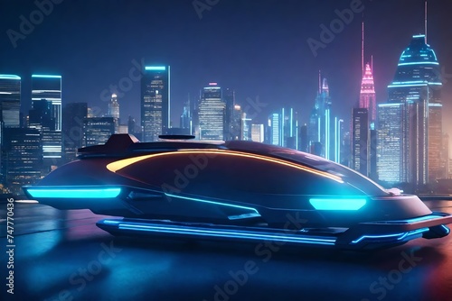 Obraz na płótnie A retro-futuristic hovercar gliding above a city skyline, its sleek lines and levitating technology embodying the dreams of a future where transportation knows no bounds. w salonie