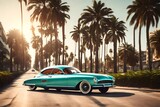 A retro-inspired concept car cruising along a palm-lined boulevard, its vintage aesthetic combined with modern technology turning heads wherever it goes.