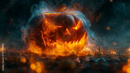 Mystical Halloween setup with a spooky carved pumpkin casting a glowing, eerie light through smoke and darkness