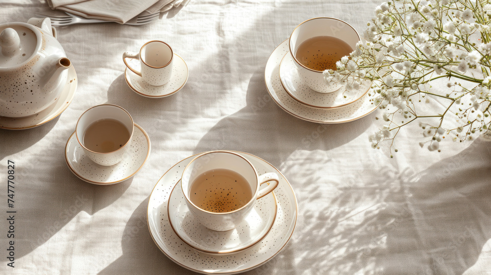 Ceramic tableware and a vase bask in natural sunlight, creating serene shadows on a white backdrop Ceramic tableware and a vase bask in natural sunlight, creating serene shadows on a white backdrop