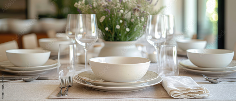 Inviting dining table set elegantly with glassware and linen, ready for a sophisticated dining experience