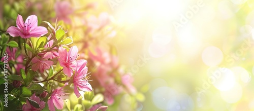 This close-up shows vibrant pink flowers blooming on a bush, showcasing the fresh spring blooms against a gorgeous natural backdrop. The intricate details of the flowers are visible, highlighting