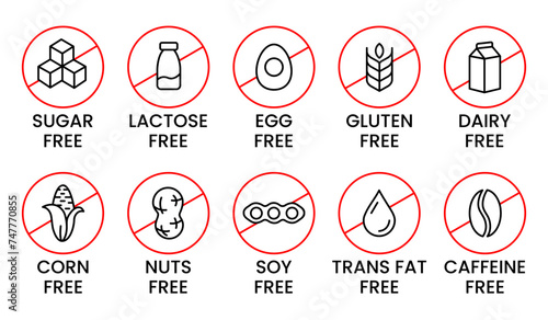 Set allergen free icons. Allergen free products. Products warning symbols. Lactose free, gluten free, sugar free, corn free, egg free, trans fat free, soy free, nuts free, coffeine free sign.