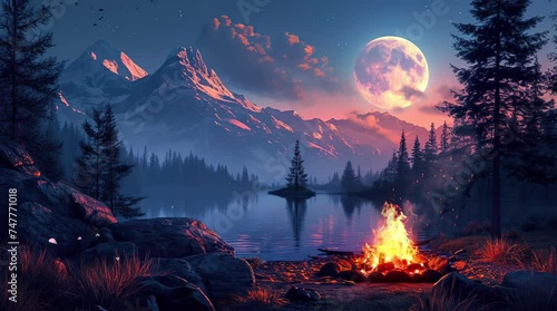 Inviting bonfire crackling beside the tranquil mountain lake under the starlit sky Seamless looping 4k time-lapse virtual video animation background. Generated AI photo