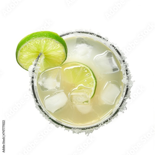 Top view of lime margarita with salt rim isolated on white background