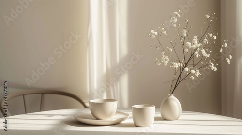 Minimalist ceramic bowls with delicate pussy willow branches on a serene white background with soft shadows