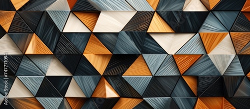 The image shows a ceramic wall made up of different shapes and sizes. The tiles are arranged in an abstract pattern, creating a geometric mosaic texture.