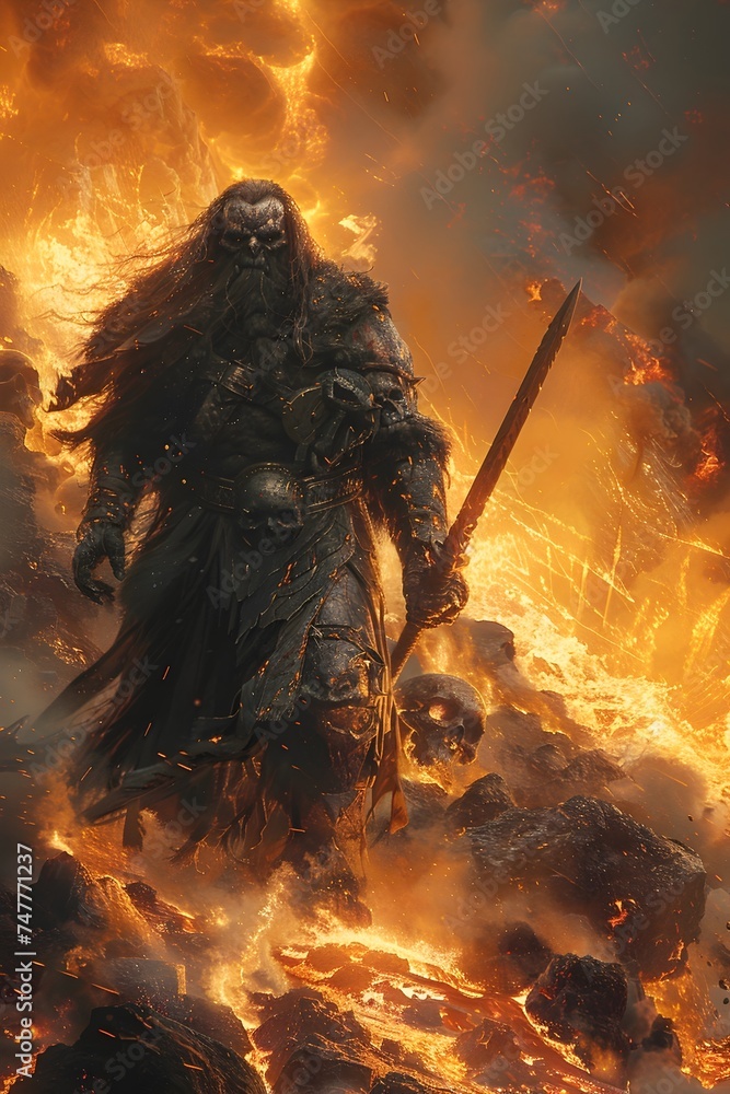 Fierce Orc Chieftain in Volcanic Battle Scene Fierce Orc Chieftain in Volcanic Battle Scene