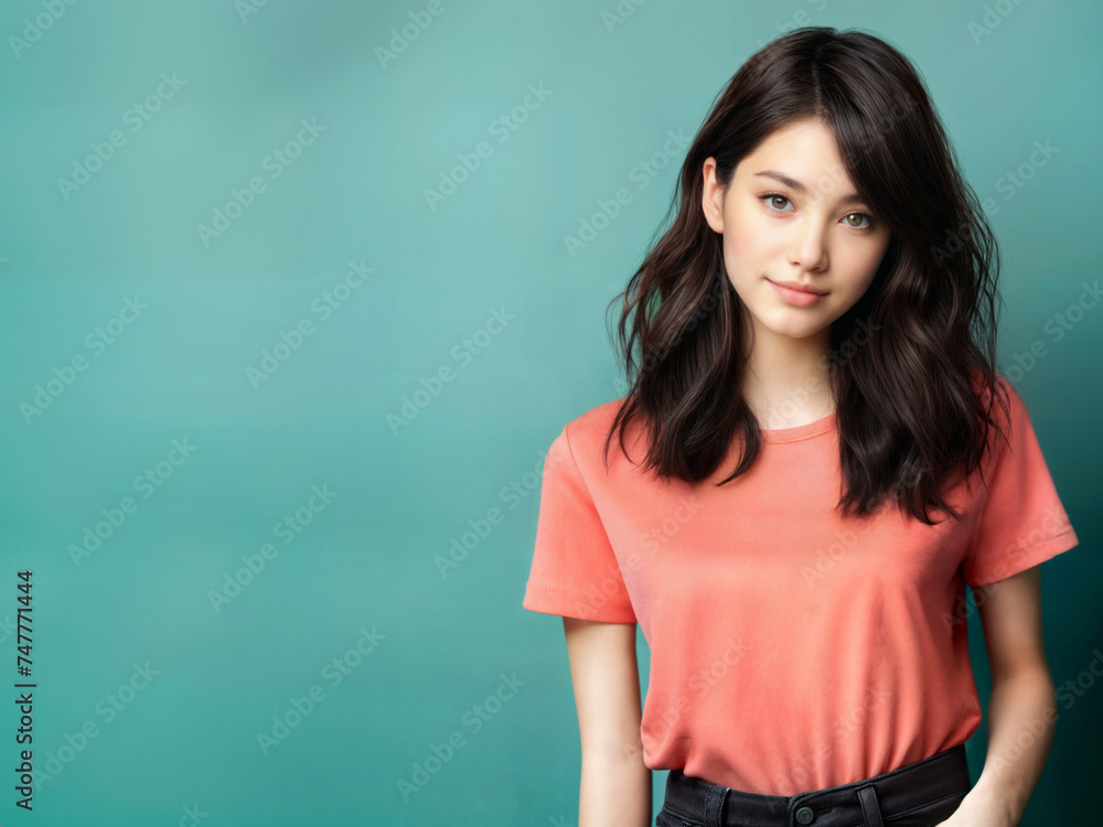 A beautiful young Asian woman in an orange or coral pink t-shirt on a teal blue background A beautiful young Asian woman in an orange or coral pink t-shirt on a teal blue background
