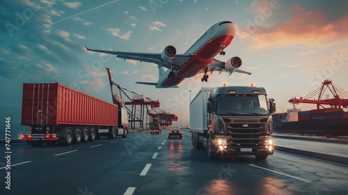 The logistic service concept of shipment of goods by sea, by land, and by air, with a cargo ship, a truck, and an airplane transporting goods. Generative AI technology