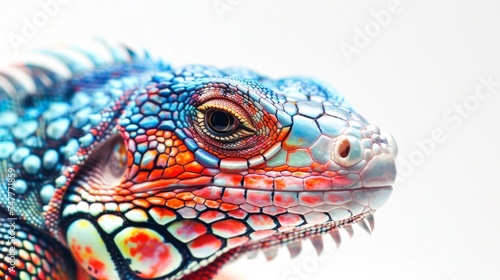 A vibrant lizard up close with colorful scales  set against a plain white background