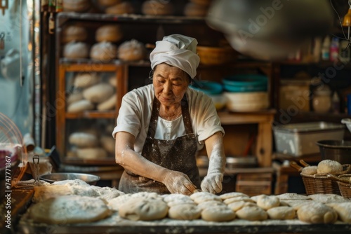 a baker shaping dough in a traditional bakery
