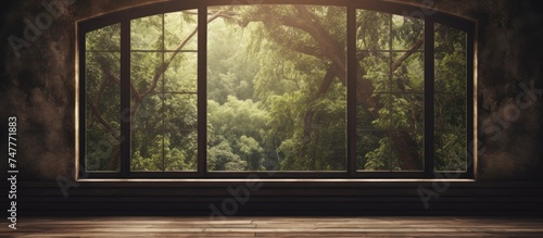 A vintage blank open window inside a room  offering a view of a lush forest outside. Tall trees  green foliage  and sunlight filtering through the leaves are visible through the window.