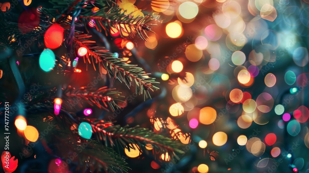 A detailed view of a decorated Christmas tree adorned with twinkling lights, showcasing the festive holiday spirit A detailed view of a decorated Christmas tree adorned with twinkling lights, showcasing the festive holiday spirit