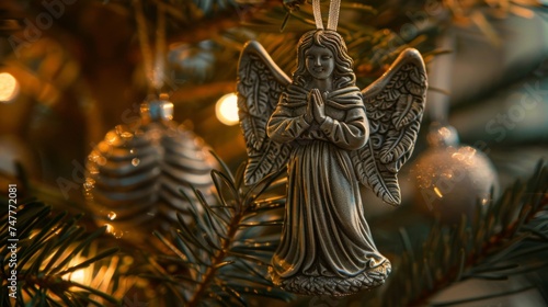 An angel ornament hangs delicately from the branches of a decorated Christmas tree, adding a festive touch to the holiday season