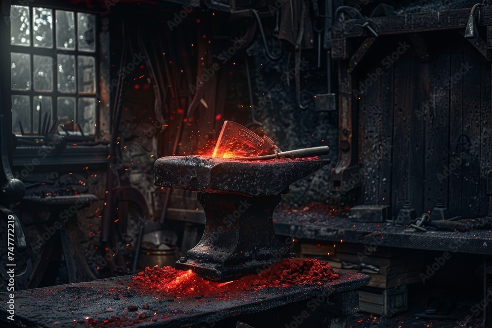 a blacksmith hammering a red hot piece of metal on an anvil