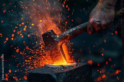 a blacksmith hammering a red hot piece of metal on an anvil photo