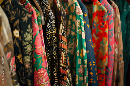 Close up of colorful vintage clothing on a rack 