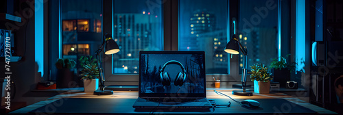 Music or podcast background with electronic devices, headphones, coffee and laptop on office desk concept. photo