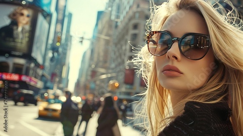 A beautiful blonde woman with sunglasses exudes elegance amidst a bustling cityscape